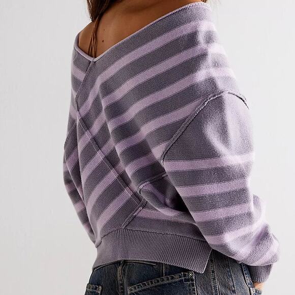 We The Free Gray Purple Crossroads Free People Pullover Off-the-Shoulder Sweater - Picture 8 of 10